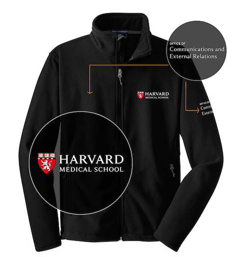 Example of fleece with split office text on the shoulder from the HMS primary logo
