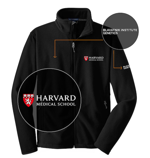 Example of fleece with split departmental text on the shoulder from the HMS primary logo