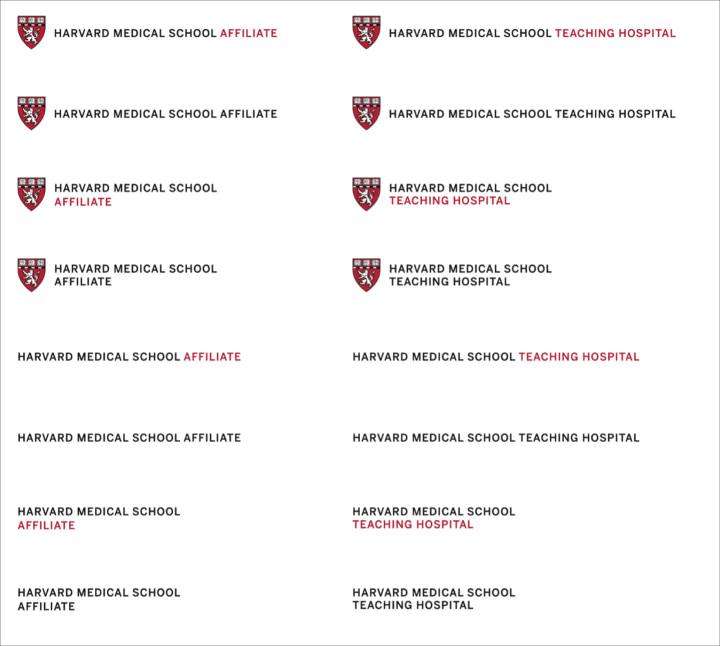 Affiliate and Teaching hospital logo examples with and without the HMS shield