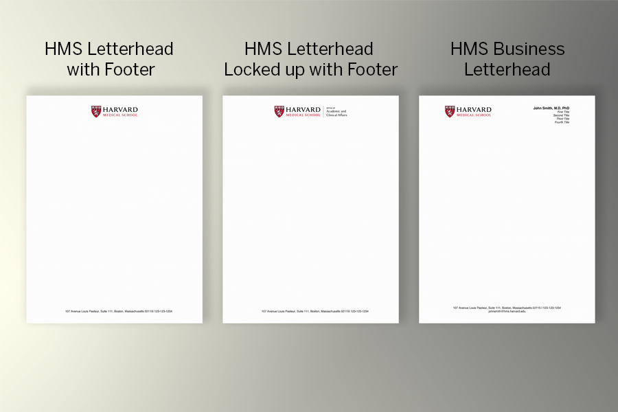 Examples of letterheads; one HMS letterhead with footer, one HMS letterhead locked up with office name with footer, and one HMS business letterhead with area for personalization