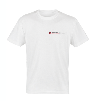 Example of a white t-shirt with the HMS logo lock up horizontally with Office of Communications and External Relations