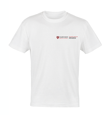 Example of a white t-shirt with the HMS logo lock up horizontally with Global Health & Social Medicine logo