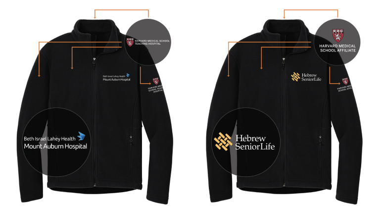 Fleece example with Harvard Medical School Teaching Hospital logo that can be placed on either the chest, upper arm, upper back. The affiliate institution logo can be placed on the chest area