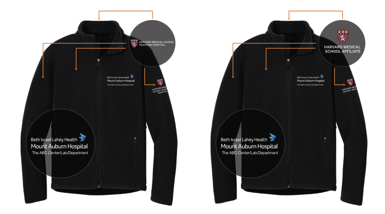 Fleece example with Harvard Medical School Teaching Hospital logo that can be placed on either the chest, upper arm, upper back. The hospital logo can be placed on the chest area