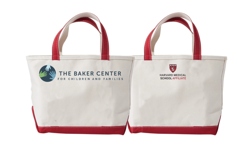 Example of a bag with Harvard Medical School Affiliate logo on one side and affiliate logo on the otherside