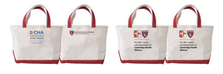 Two bag examples. First with Affiliate logo with full departmental name locked up below on one side, the other side has Harvard Medical School Teaching Hospital logo. Second bag example has Dual shields locked up with departmental name on both sides