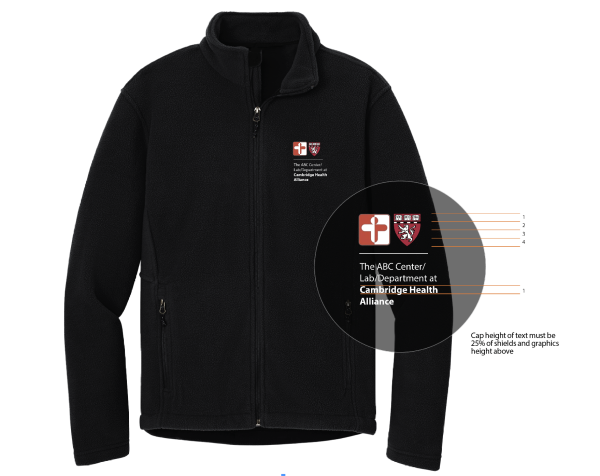 Fleece example with Harvard Medical School Shield locked up with Affiliate logo on the chest with example additional name of department locked up below
