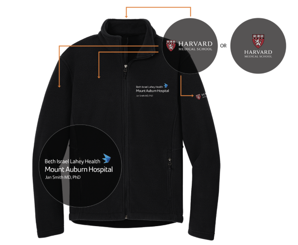 Fleece example with Harvard Medical School Teaching Hospital logo either horizontally stacked or vertically with the shield and name,that can be placed on either the chest, upper arm, upper back. The affiliate institution logo can be placed on the chest area