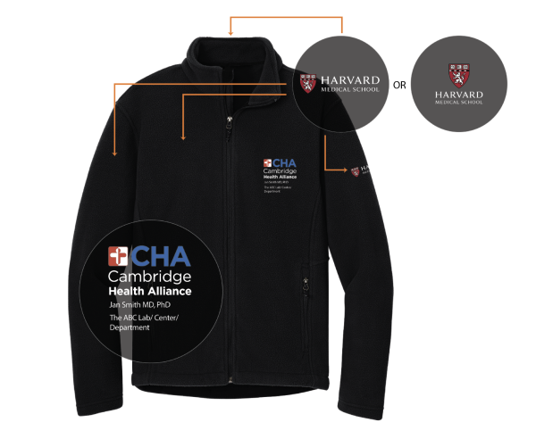 Fleece example with Harvard Medical School Teaching Hospital logo that can be placed on either the chest, upper arm, upper back. The affiliate institution's full logo can be placed on the chest area