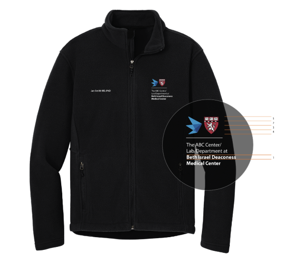 Fleece example with dual icons locked up with an Affiliate icon and HMS shield on the chest with departmental name locked up below. Example name of Jan Smith on opposite side.