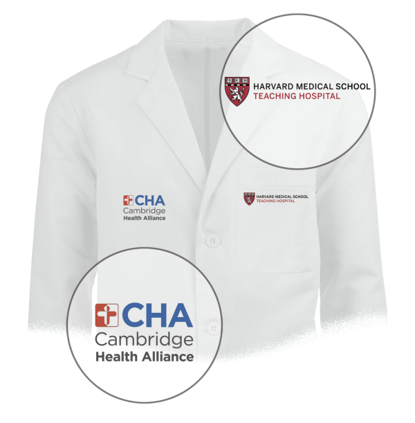 White coat example with Harvard Medical School Teaching Hospital logo that is placed on left side of the chest, the affiliate example logo placed on the opposite side
