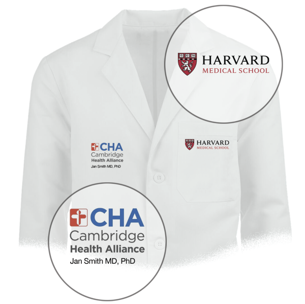 White coat example with Harvard Medical School logo that is placed on left side of the chest, the Affiliate full logo with example Jan Smith MD name placed on the opposite side