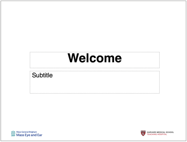 PowerPoint title slide with example affiliate logo on bottom left hand corner, and Harvard Medical School Teaching Hospital logo on the bottom right