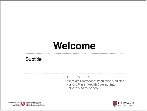PowerPoint title slide with example affiliate logo on bottom left hand corner, and Harvard Medical School logo on the bottom right
