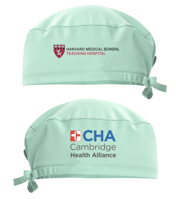 A scrub cap having Harvard Medical School Teaching Hospital logo on one side, and example affiliate logo on the other side