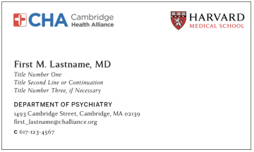 Business card example with the affiliate logo on upper left hand corner, Harvard Medical School logo locked up upper right hand corner on Business Card