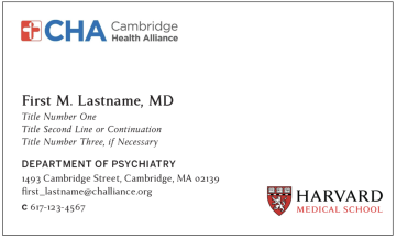 Business card example with the affiliate logo on upper left hand corner, Harvard Medical School logo locked up bottom right hand corner